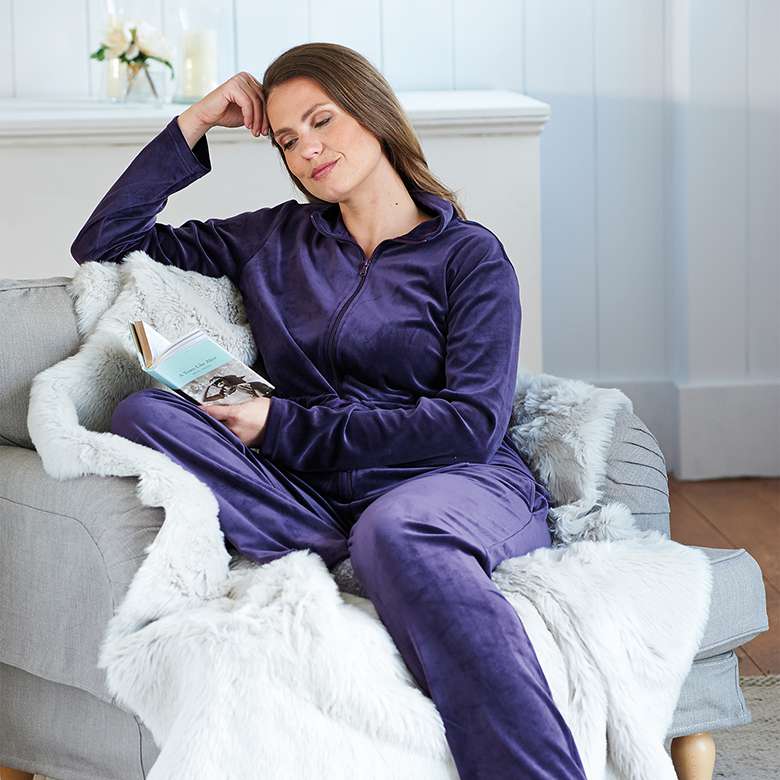 Women's Hooded Velour Lounge Set, Ladies Tracksuit Zipped Pyjama