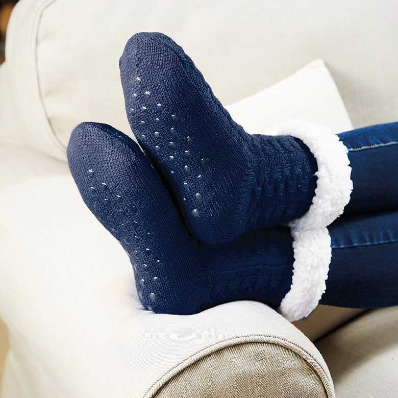 1 Pair Ladies Winter Warm Sherpa Lined Knitted Slipper Socks Non-slip Bed  Socks