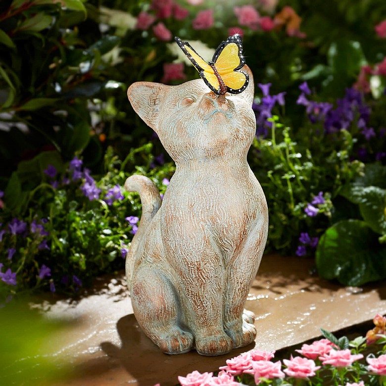 Cat with Solar Butterfly Statue | Coopers of Stortford