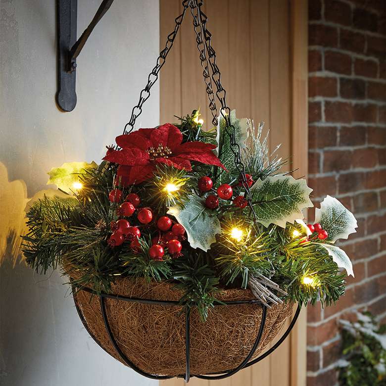 PreLit Christmas Hanging Baskets Poinsettias Garden Decor