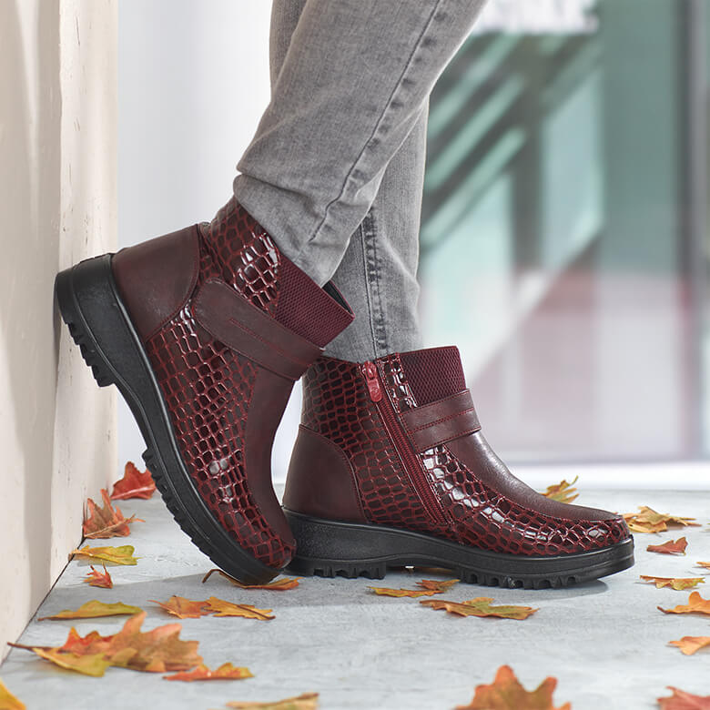 Burgundy Mock Croc Ankle Boots