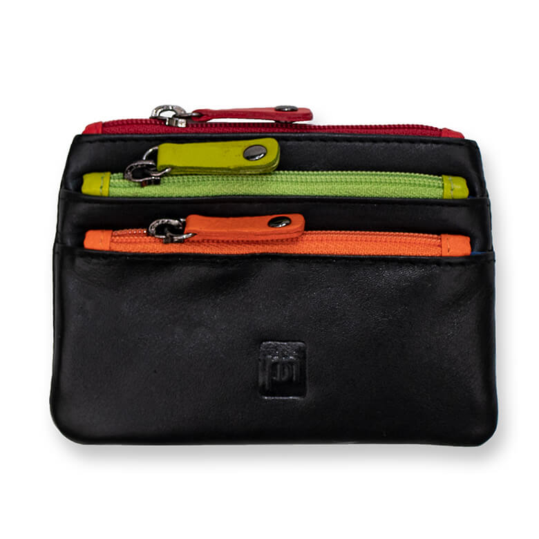 Leather RFID Coin Purse With 3 Compartments Black Multi