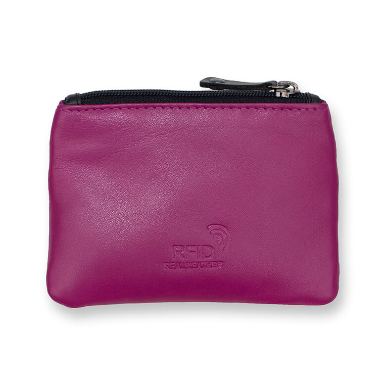 Leather RFID Coin Purse With 3 Compartments - Fuchsia/Multi