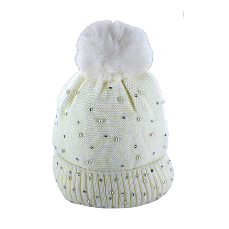 Cream Knitted Pom Pom Hat with Faux Pearl Detail