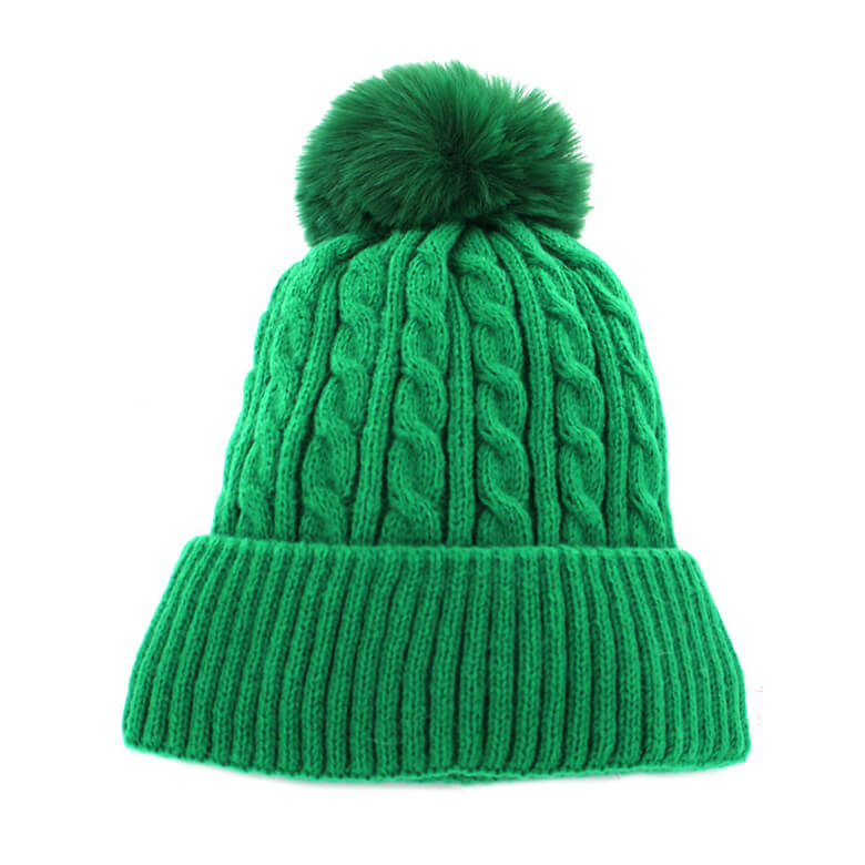 Green Cable Knit Hat with Pompom