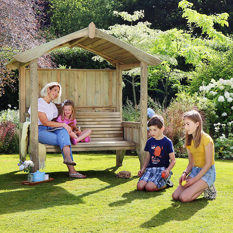 Cottage garden three seater wooden arbour hot sale